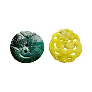 Vintage Yellow Green Jade Jadeite Fish Koi & Dragon Round Large Pendants 2”